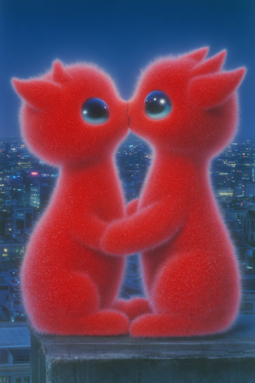 Two red fluffy creatures with a night city backdrop, Krea 2 LoRA by beccu.studio