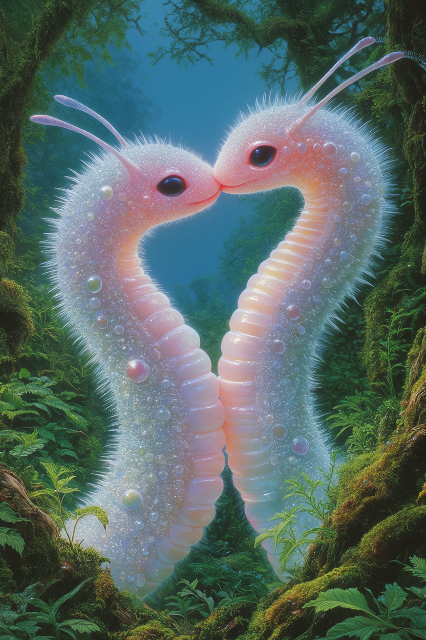 Two worm creatures in a lush forest, Krea 2 LoRA by beccu.studio
