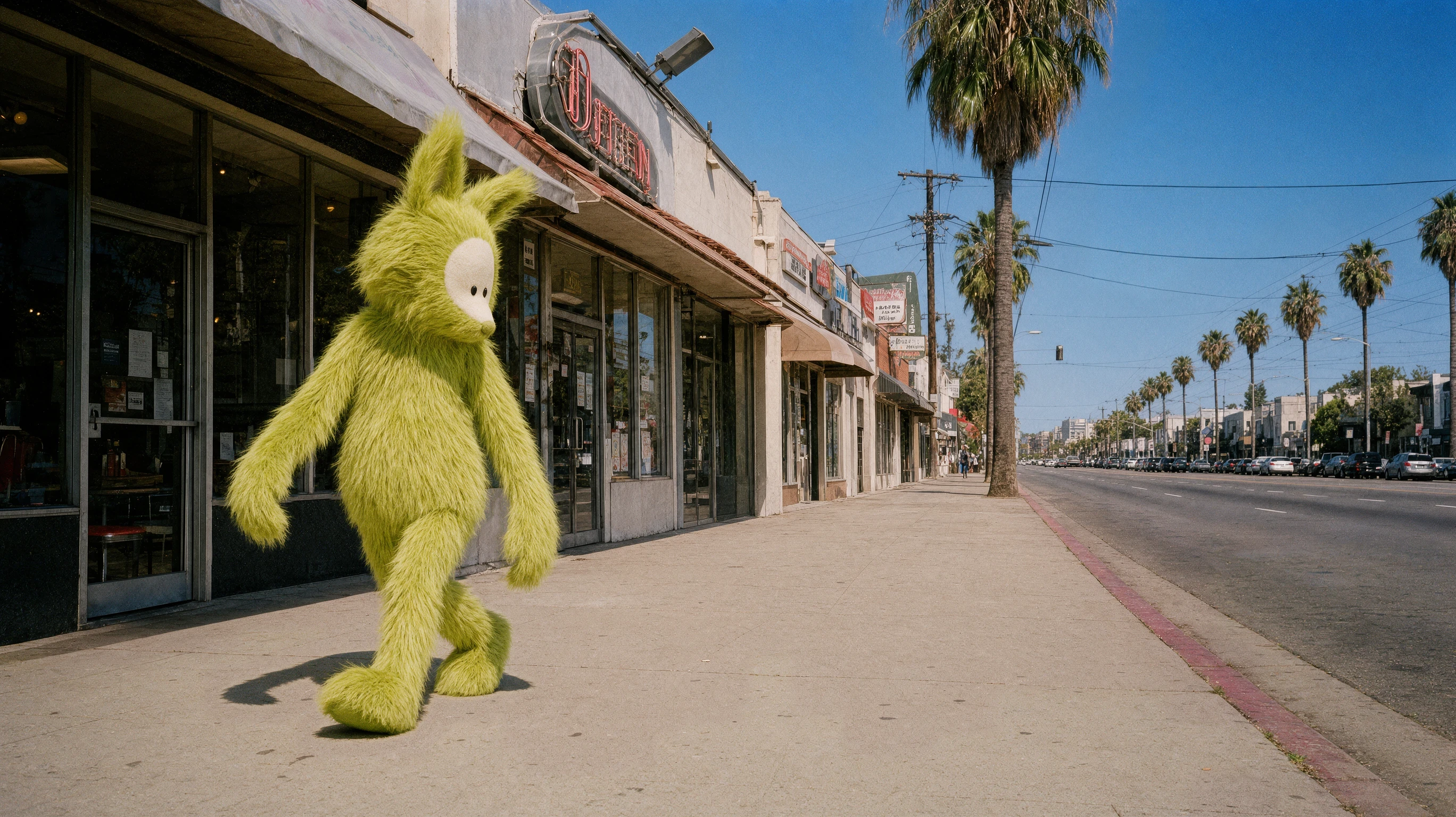 Lime plush character walking down a sunny Los Angeles sidewalk