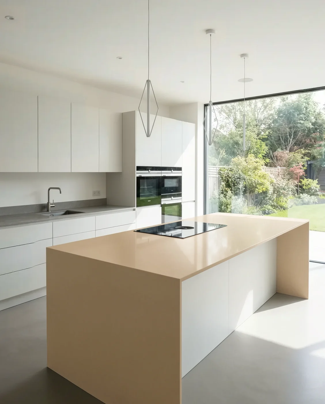 Modern kitchen with a sand-colored island and garden view