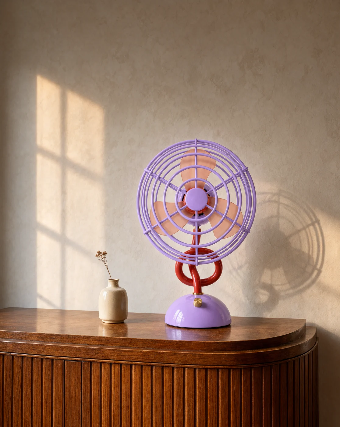 Lilac desk fan on a wooden sideboard in warm light