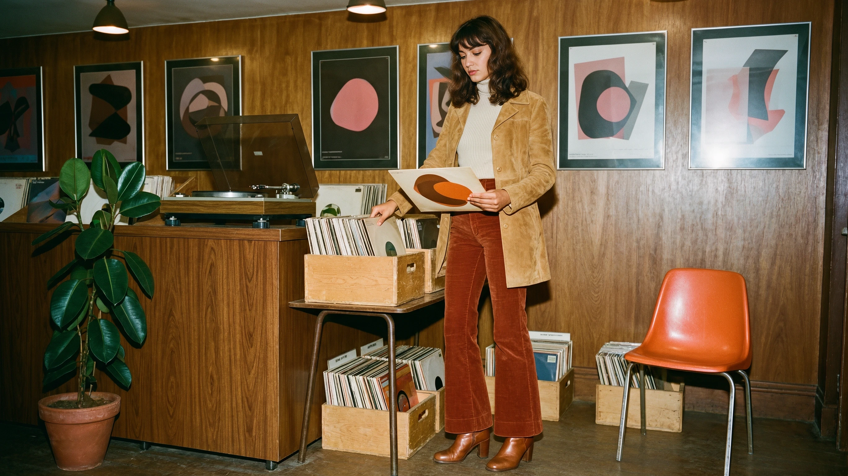 A young woman with wavy dark brown hair looks through vinyl records in a 1970s record store. She wears a camel suede jacket, a cream turtleneck, rust corduroy flares, and brown heeled boots. Around her are wooden record crates, a turntable on a walnut counter, a rubber plant in a terracotta pot, an orange shell chair, and framed abstract posters on wood panelling.