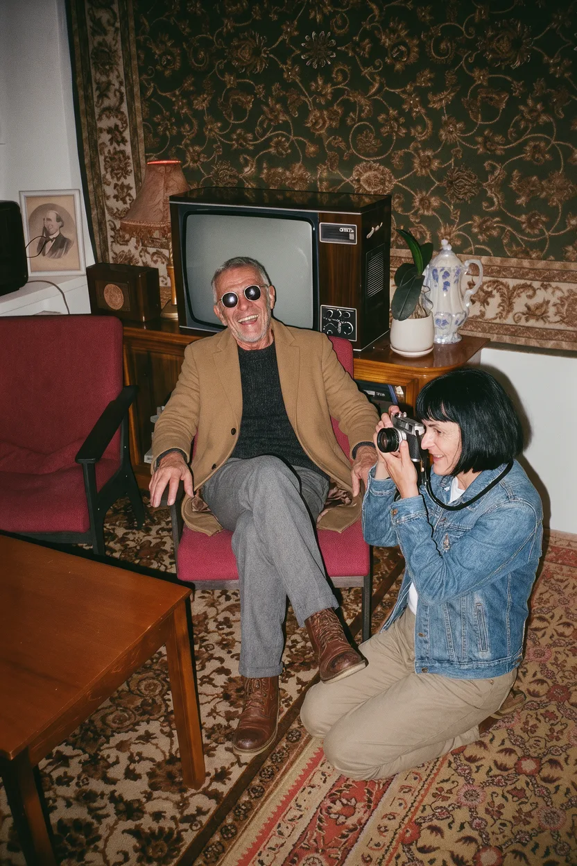Older man in sunglasses and a young woman with a film camera in a 1970s living room