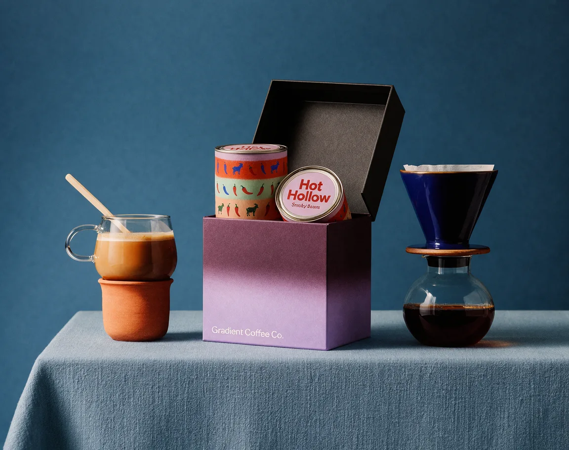 A starter-kit coffee bundle on a blue set: mugs, a dripper, and a gift box containing two Hot Hollow tins