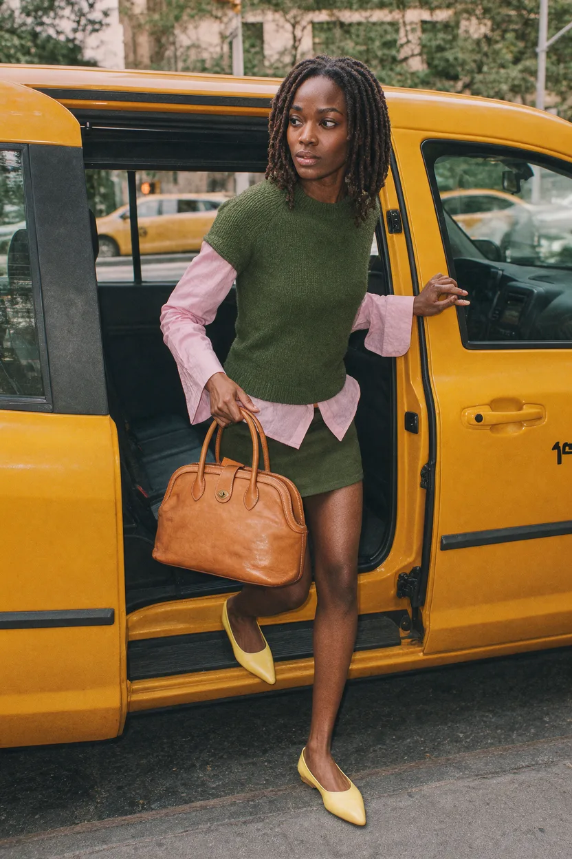 Woman stepping out of a yellow taxi with a tan handbag