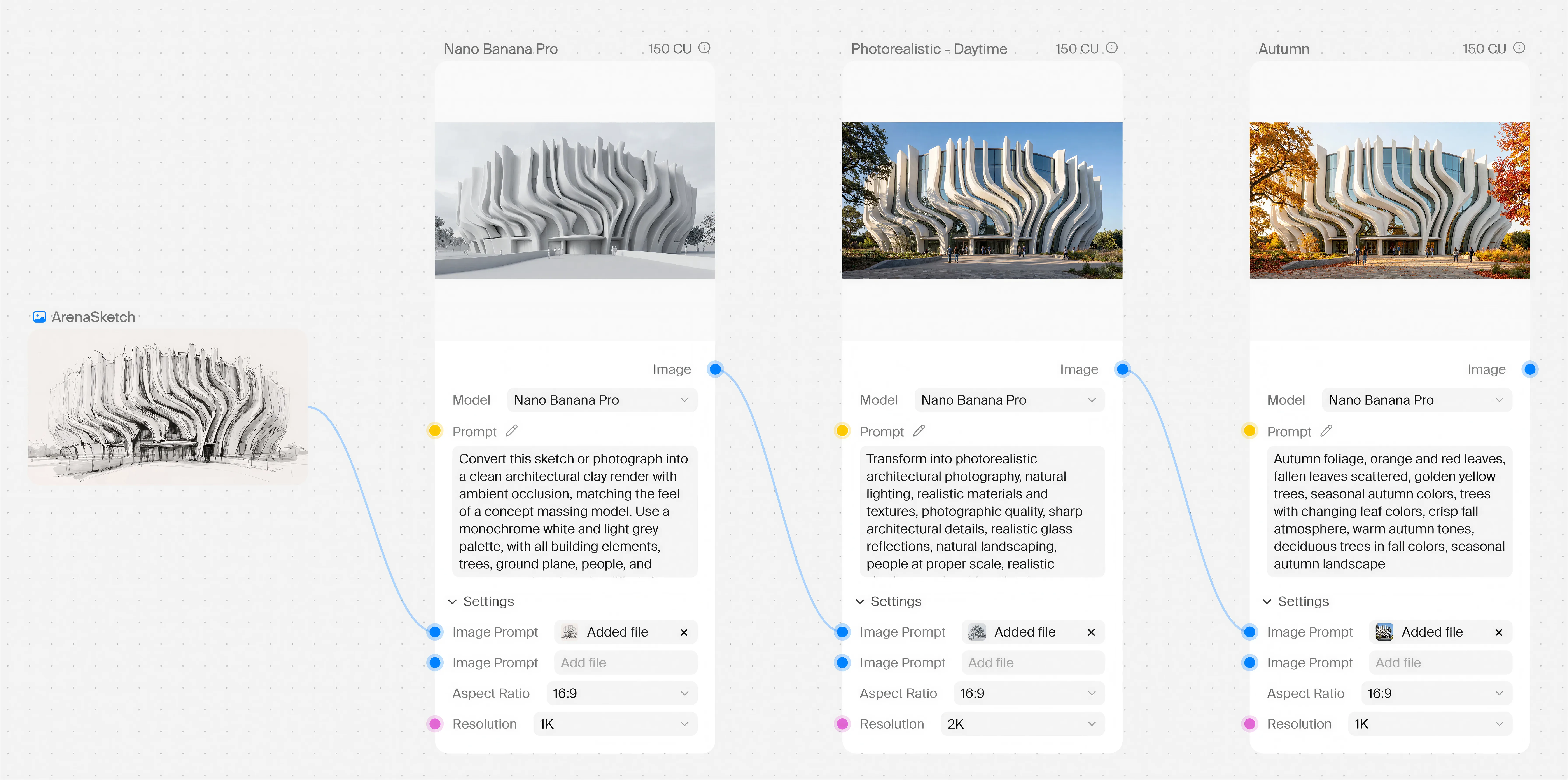 A Krea Nodes workflow turning an architectural sketch into clay, photorealistic and autumn renders