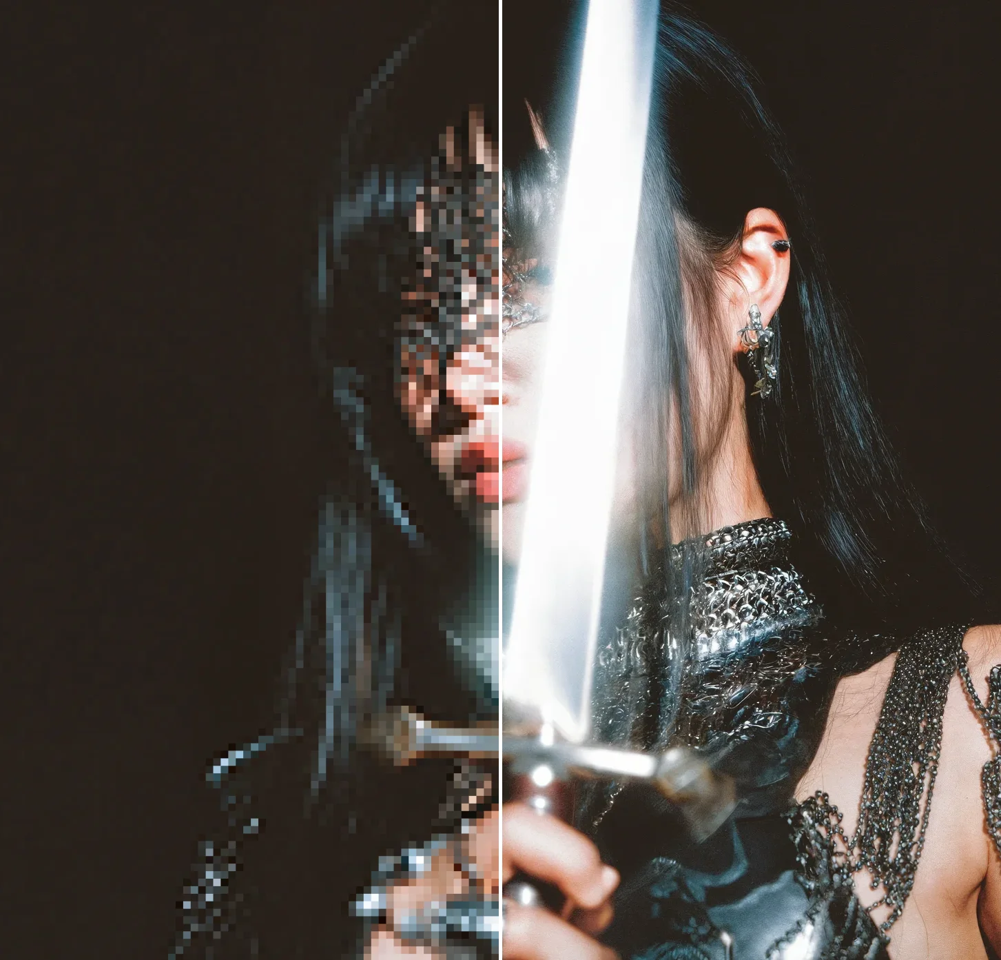 Close-up portrait of a woman with long black hair partially obscured by a glowing, motion-blurred sword held vertically in front of her face, dramatic light streaks crossing composition, low contrast, cinematic high dynamic range, highly detailed, intricate chainmail headpiece and septum ring, modern warrior aesthetic blending medieval armor with cyberpunk fashion, neon glow effects, futuristic armor textures, ambient lighting, dark background, film grain, sharp focus, vibrant color palette with contrasting cool and warm tones, moody atmosphere, detailed facial features, soft rim lighting, subtle lens flares, high-resolution realistic rendering, cinematic composition, depth of field, subtle reflections and metallic textures, dynamic motion blur, editorial style, hyper-realistic