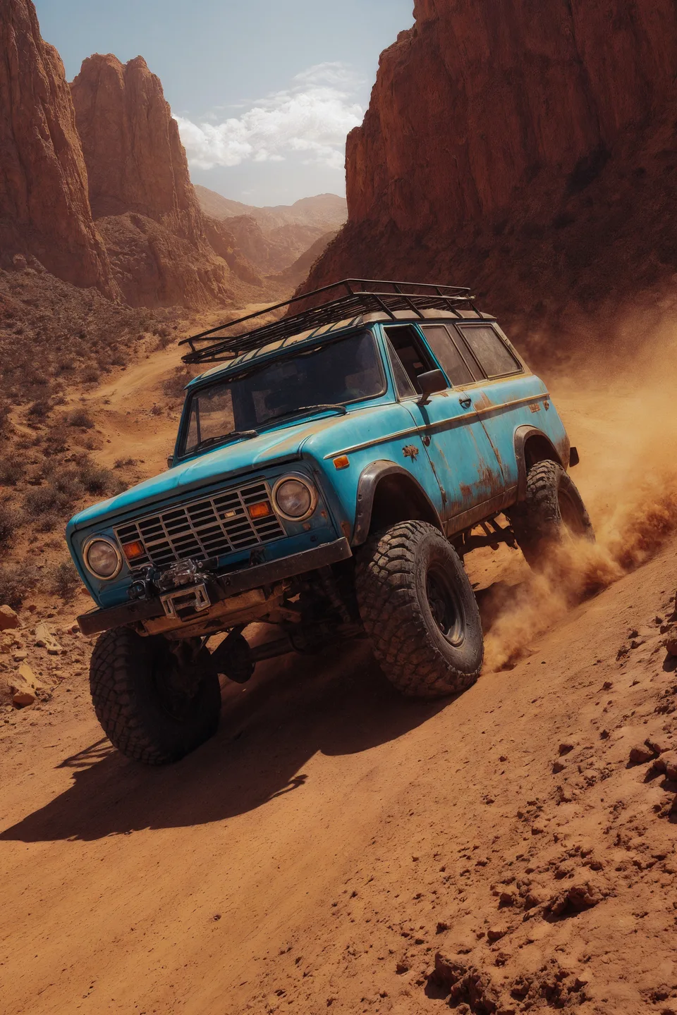 A rugged off - road vehicle in retro teal, featuring a snorkel, roof rack, and massive all - terrain tires, travels on a rocky desert trail among canyons. The vehicle has a weathered, well - worn look. Dust is kicked up by the wheels, and warm sunlight (reminiscent of sunrise or sunset) bathes the scene, crafting a cinematic poster - like atmosphere brimming with adventure and the spirit of pursuing freedom.