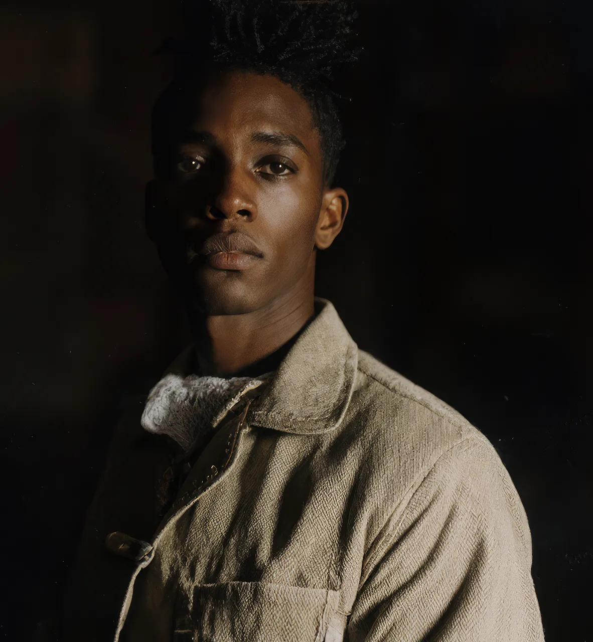 A man wearing old school clothes, cinematic portraiture, moody tonal contrast, soft lighting, subdued color grading, chiaroscuro influence, soft directional light, textural realism, vintage sartorial aesthetic, editorial photography, tactile fabric detail, mid-century color palette, analog depth.