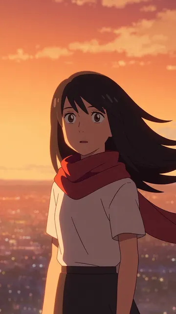 An anime girl with a red scarf on a rooftop at sunset