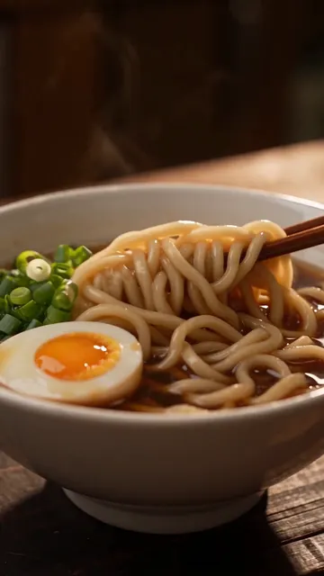 Chopsticks lifting ramen noodles out of a steaming bowl