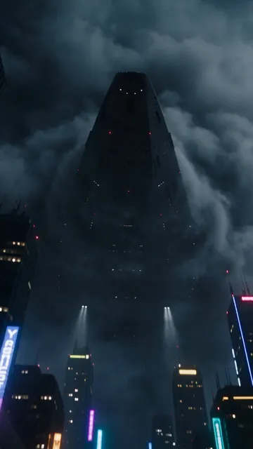 A giant spaceship over a neon city at night