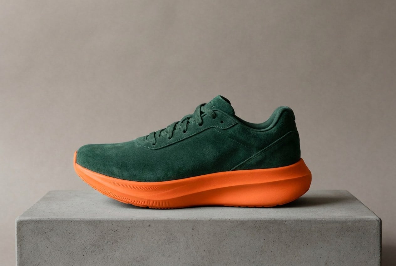 The same sneaker, now in green suede with an orange sole