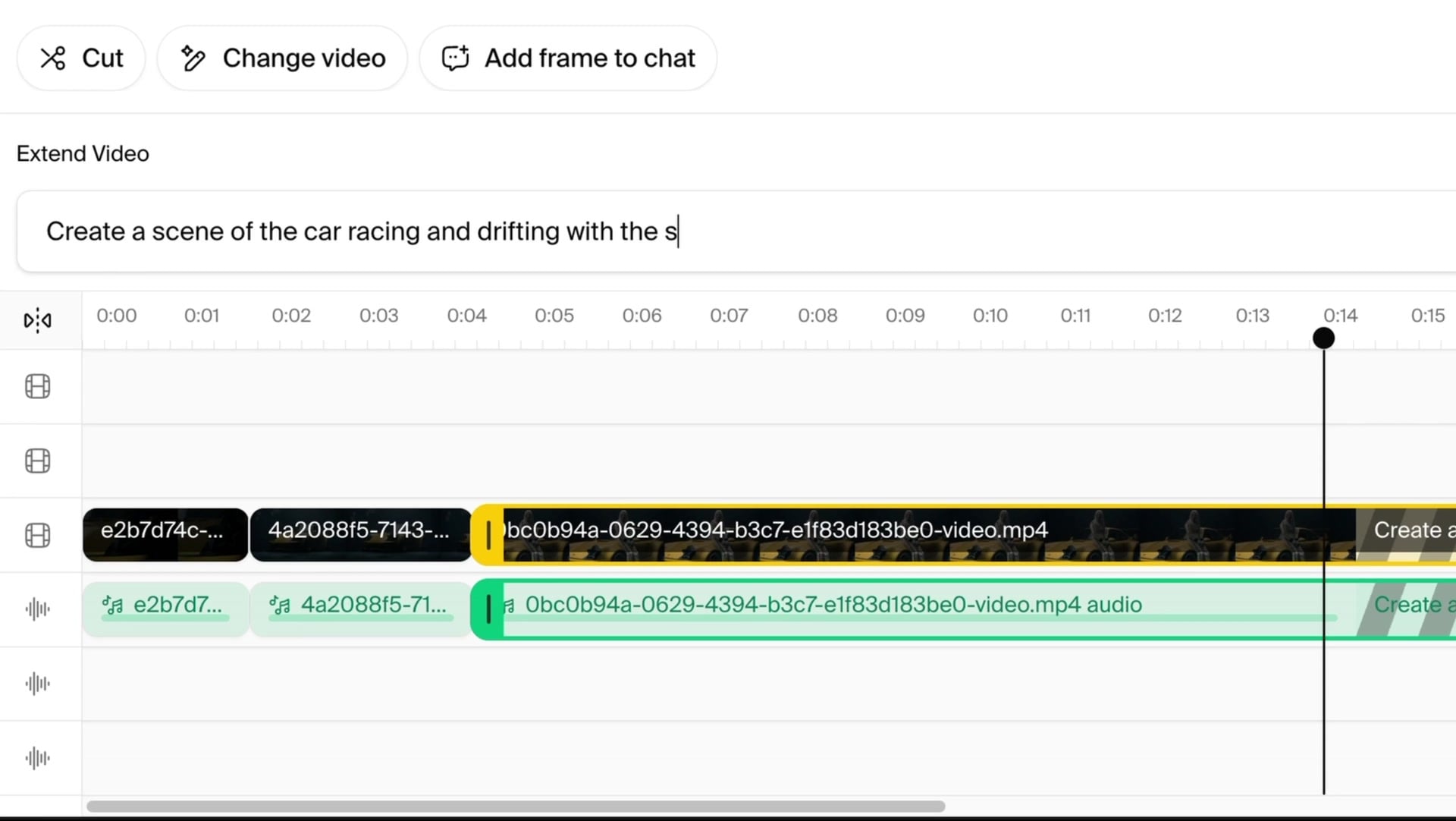 The Extend Video prompt above the timeline, with a scene description typed in