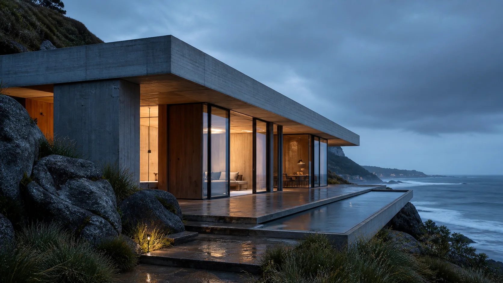 Modern coastal residence at blue hour, generated with GPT Image 2