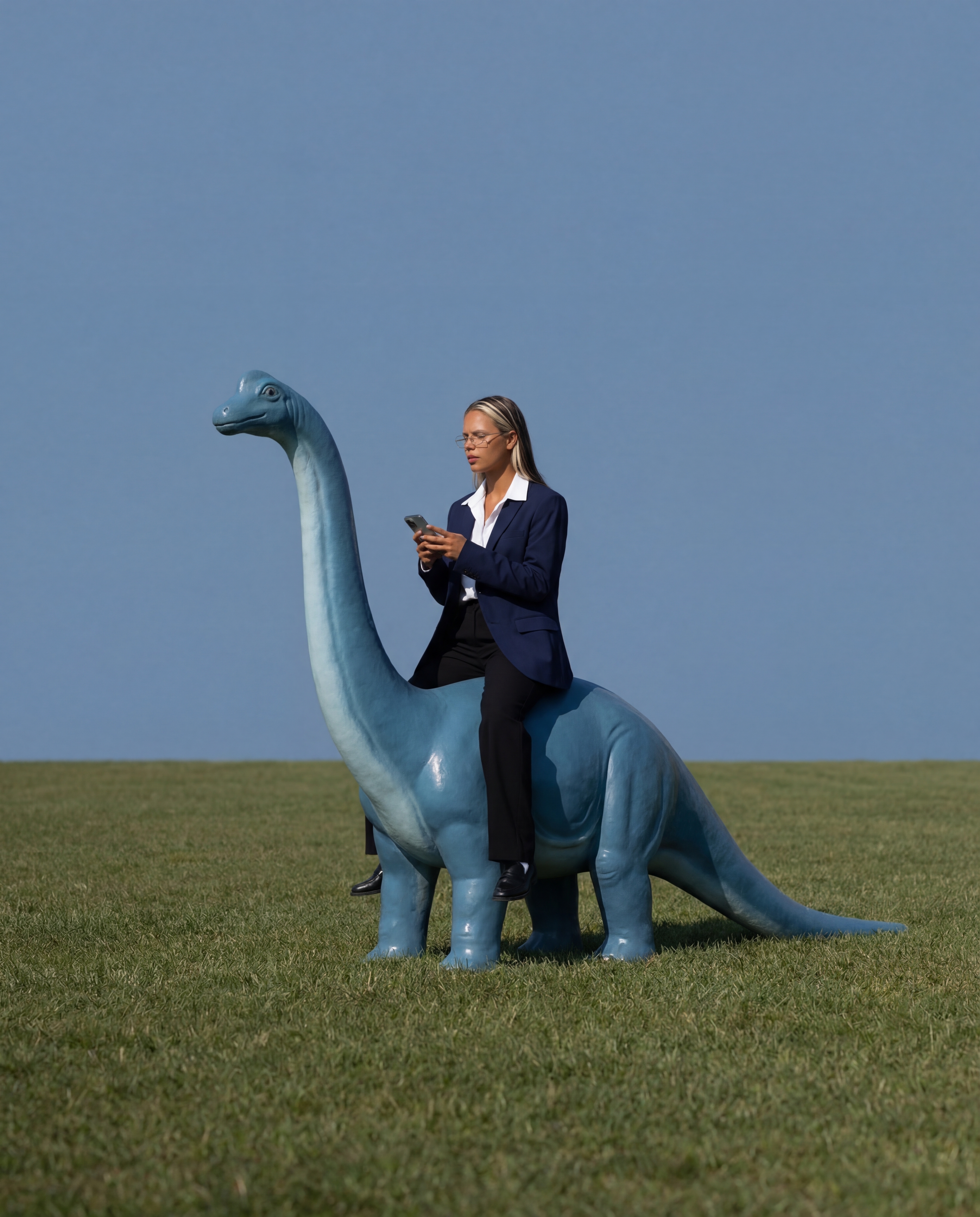 Nano Banana Pro AI Generated Image Example - I am wearing office clothes and I am sitting on a smooth blue long necked dinsoaur, the dinosaur is facing sideways, the surface is a trimmed smooth grassy field, the skies are mute blue with no clouds, this should be a real photo