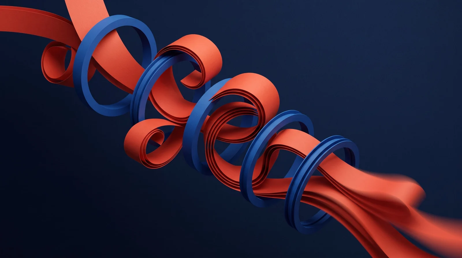 Red ribbons and blue rings arranged as a motion-graphics keyframe