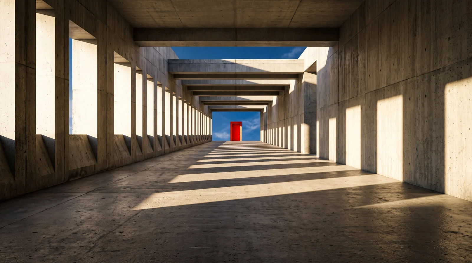 A sunlit architectural corridor generated as a compositing background