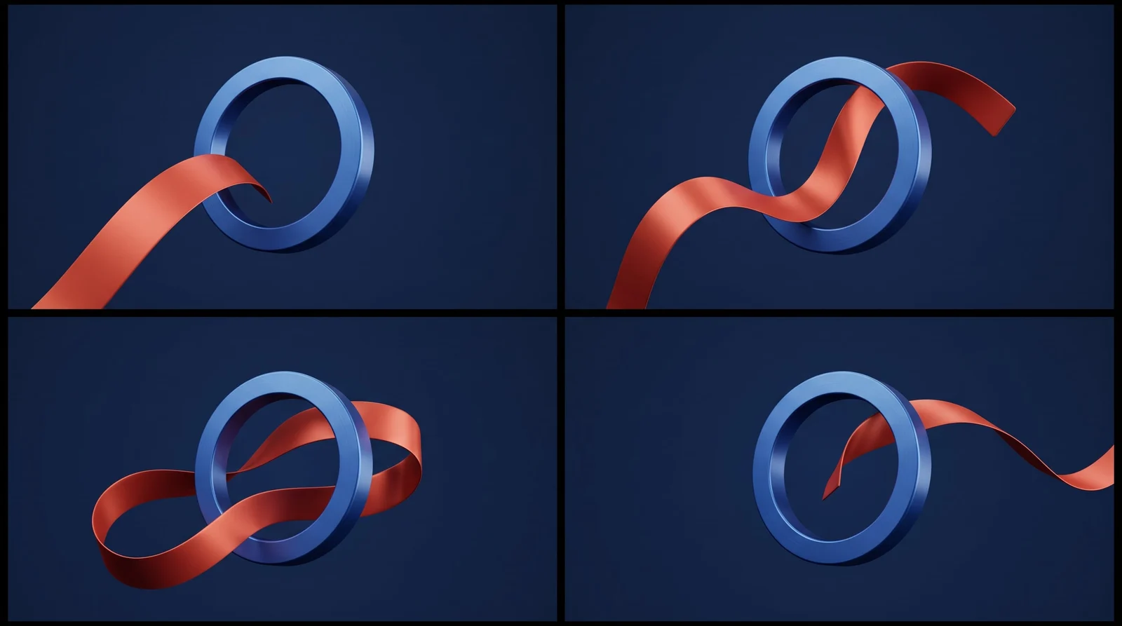 Four matching motion-graphics frames showing a ribbon moving through a ring