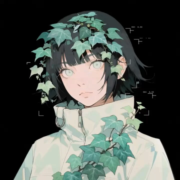An animated illustrated portrait framed by ivy with blue motion-graphics accents