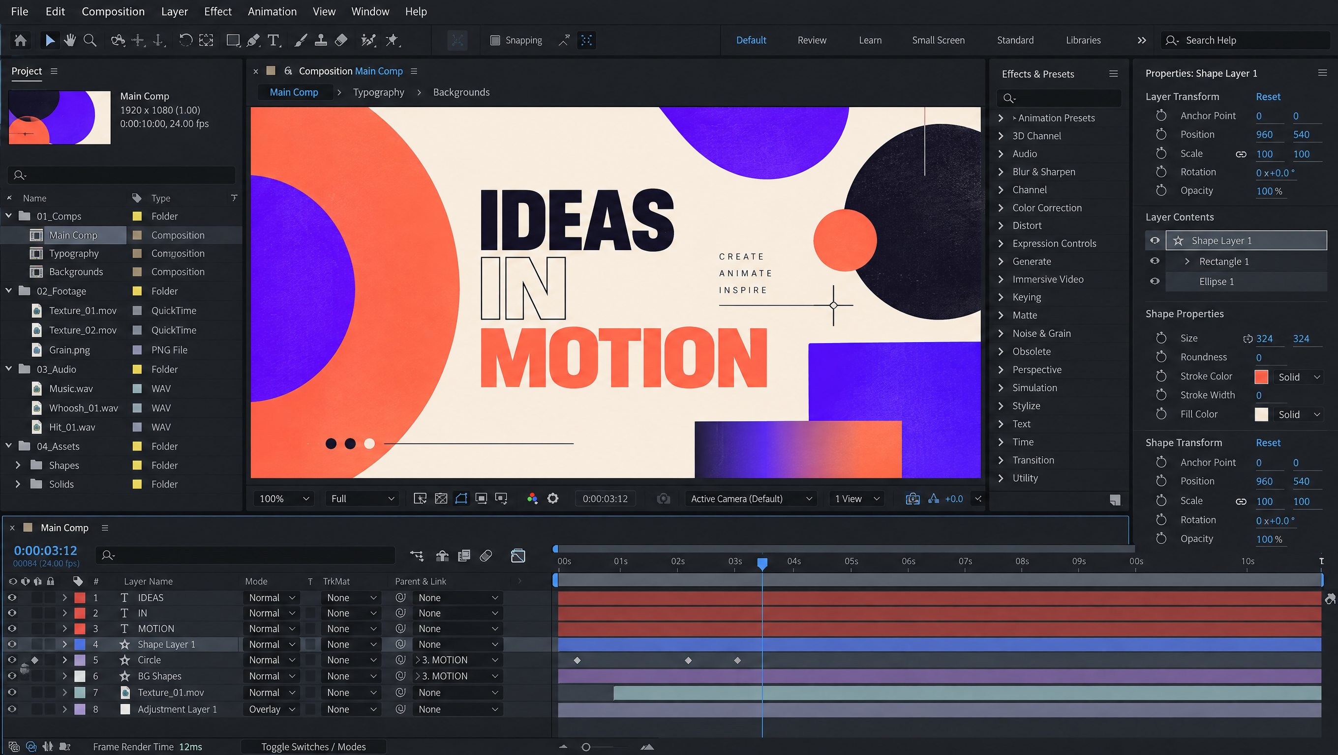 A motion-design composition inside an After Effects workspace