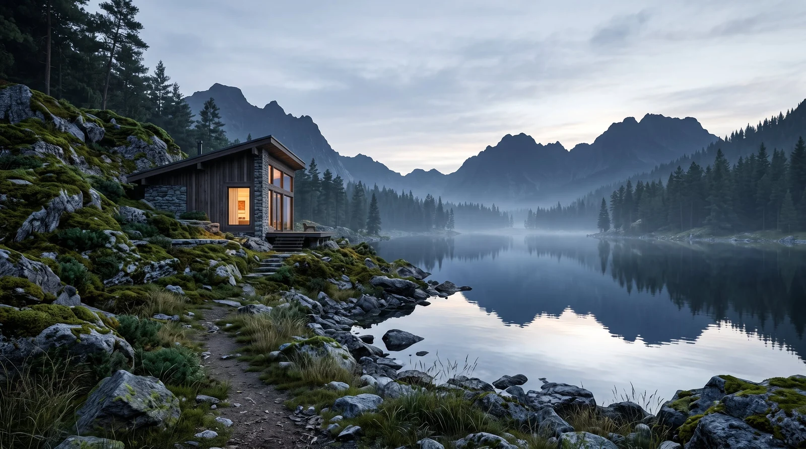 A 3D environment concept of a lakeside timber cabin in an alpine landscape