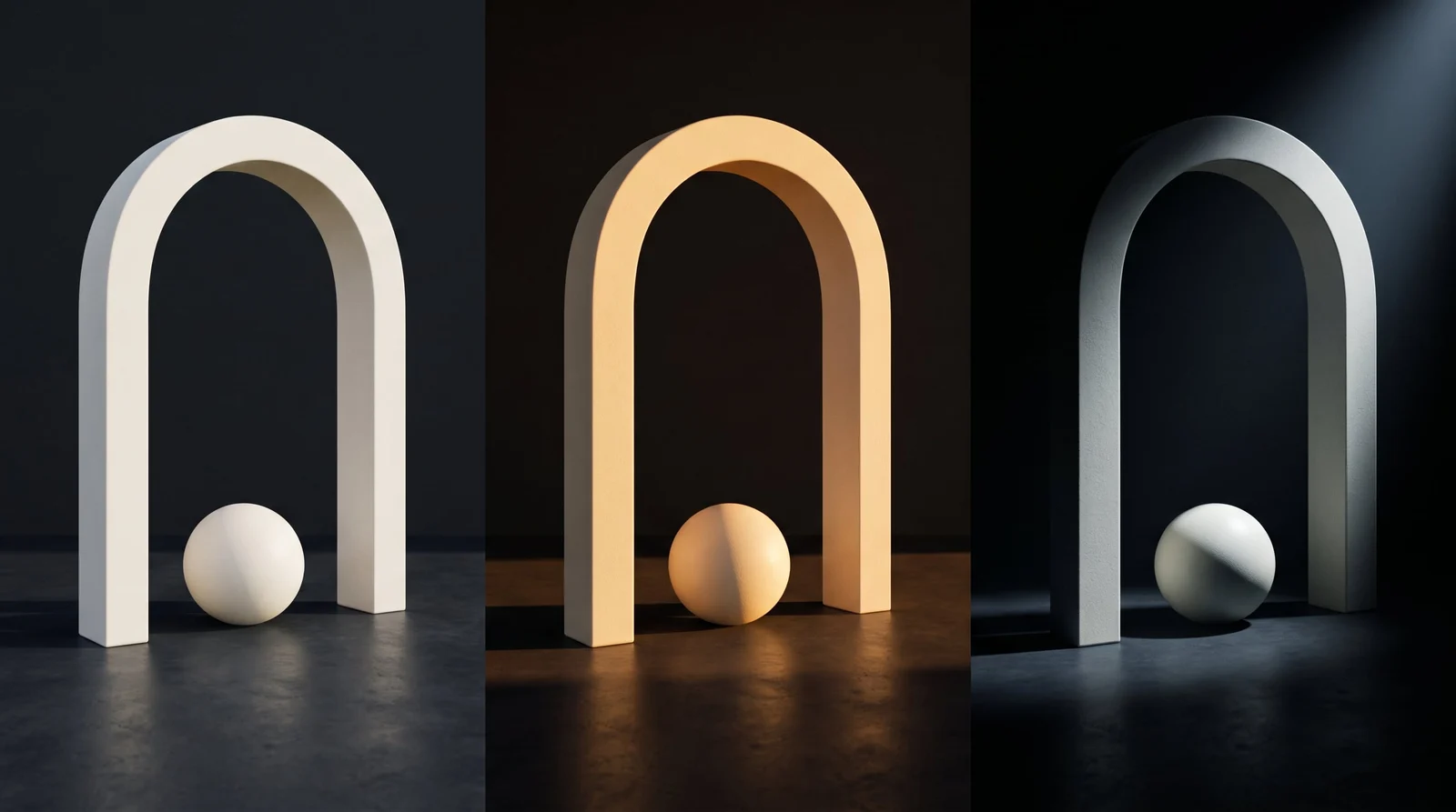 The same 3D scene under soft daylight, warm low light, and dramatic side lighting