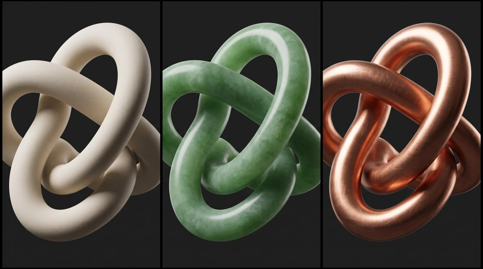 One knot sculpture rendered in ivory clay, translucent jade, and brushed copper
