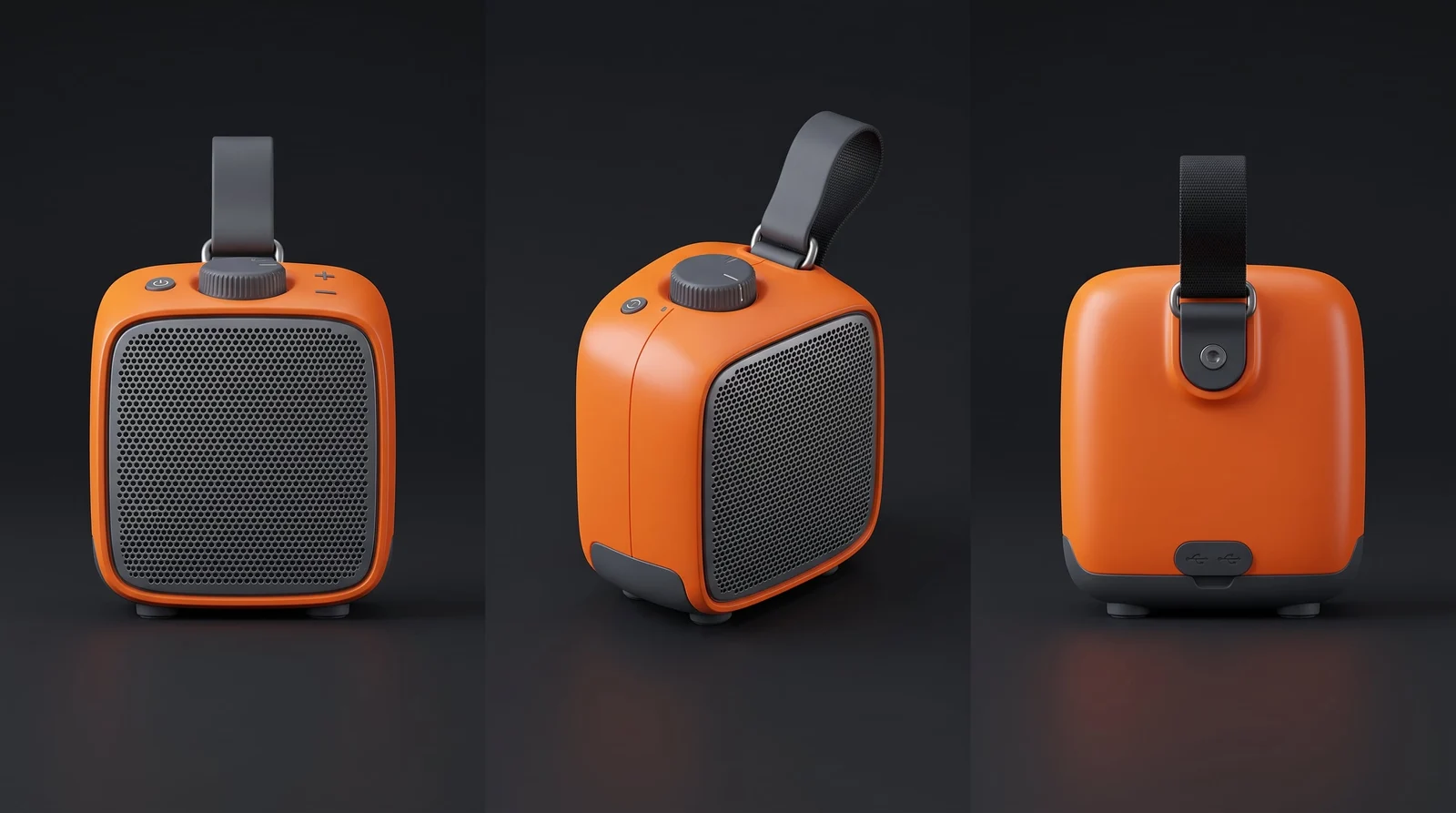 Front, three-quarter, and rear camera views of an orange 3D speaker
