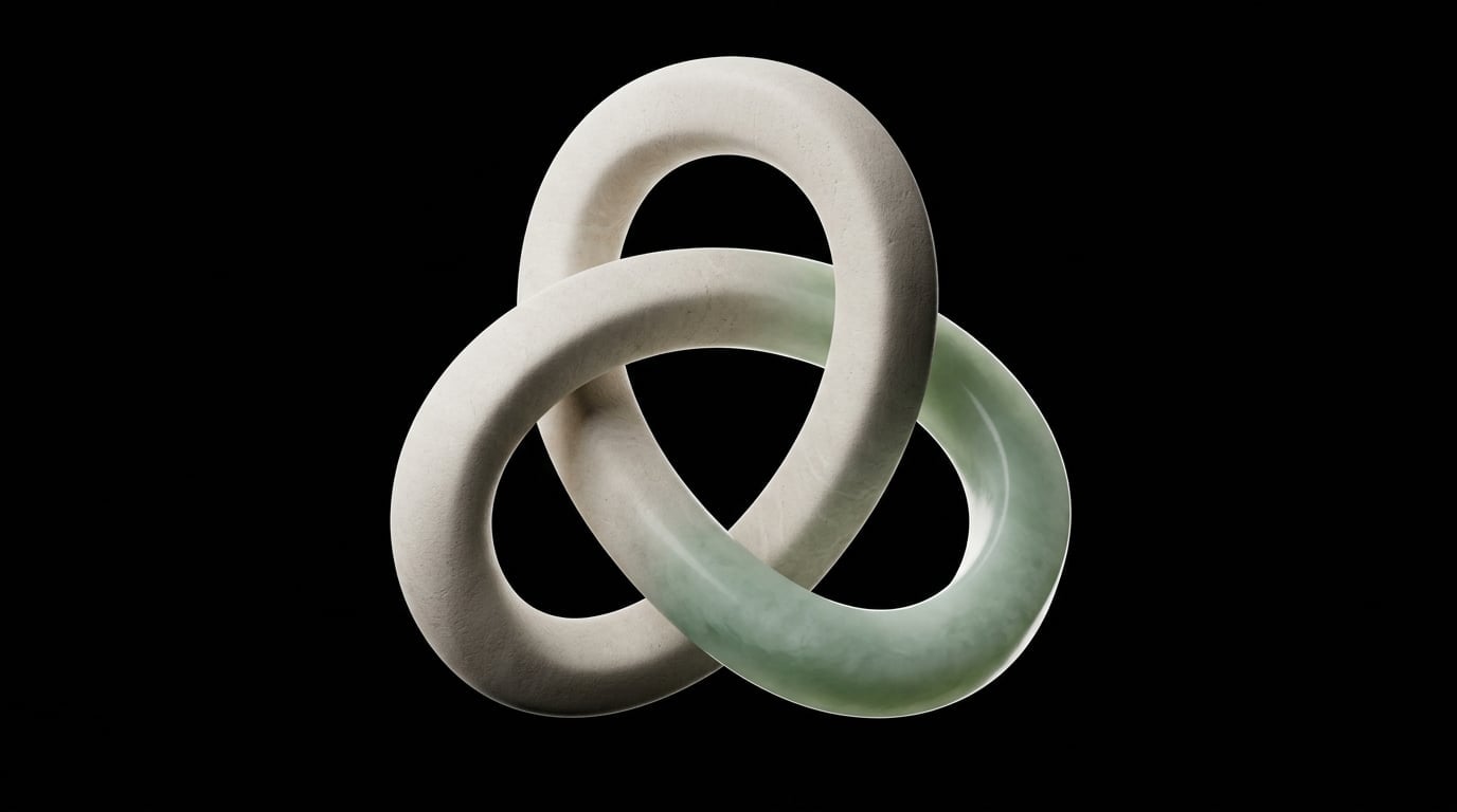 A sculptural trefoil knot transitioning from pale limestone to translucent celadon jade