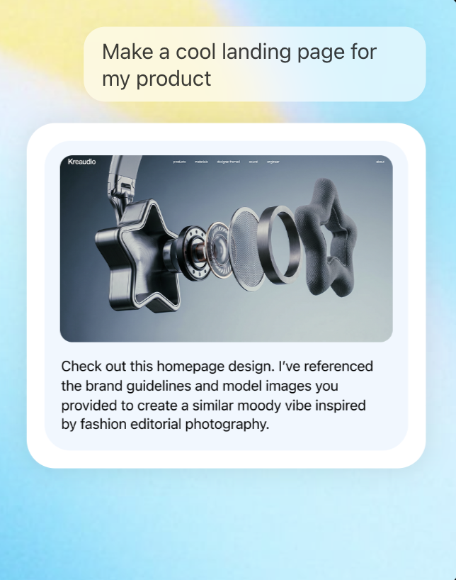 ChatGPT conversation: a request for a product landing page, answered with a homepage design showing exploded star-shaped headphone parts in a moody editorial style