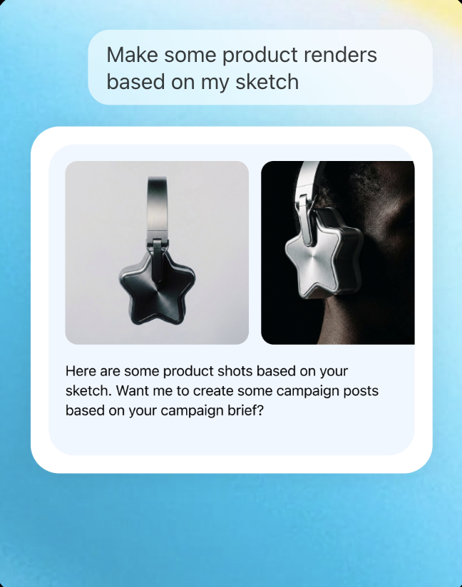 ChatGPT conversation: a request for product renders from a sketch, answered with two studio shots of star-shaped headphones, one on grey and one worn in profile on black