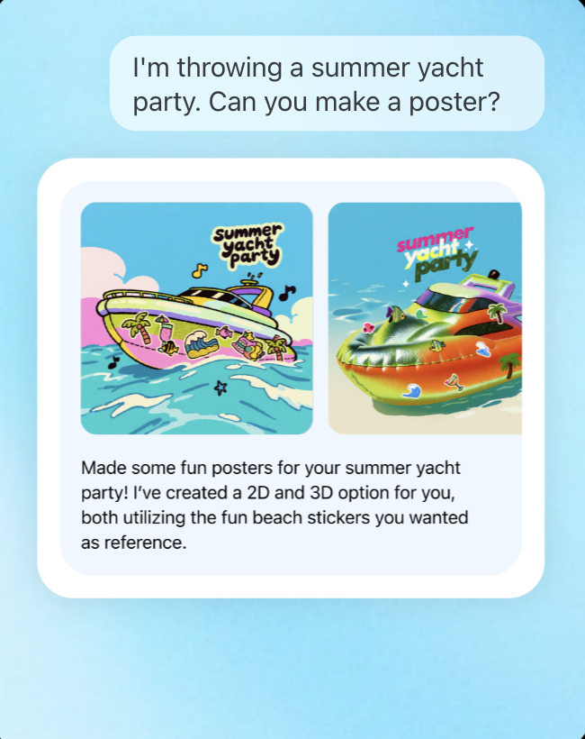 ChatGPT conversation: a request for a summer yacht party poster, answered with a 2D illustrated poster and a 3D inflatable-style poster, both using the attached stickers