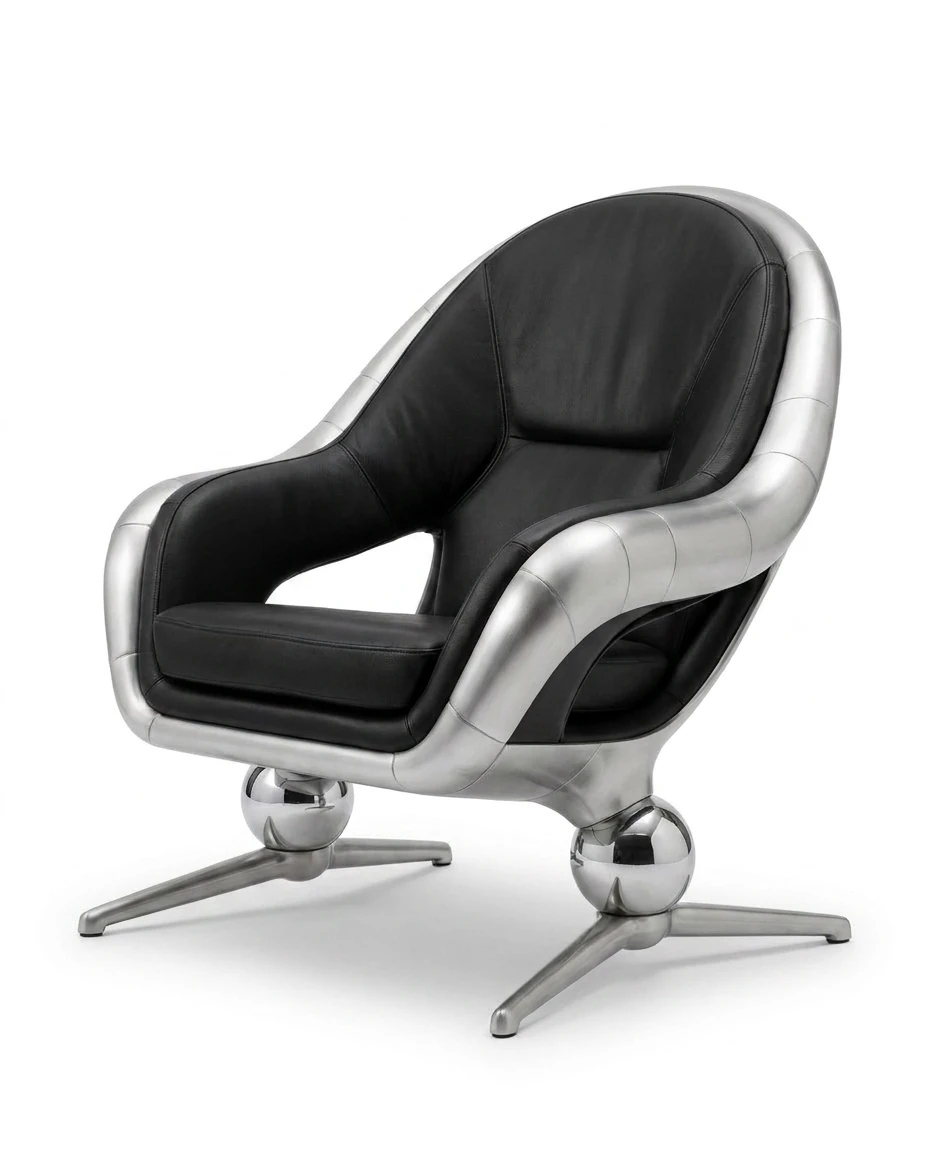 Sculptural black leather chair with a polished chrome frame