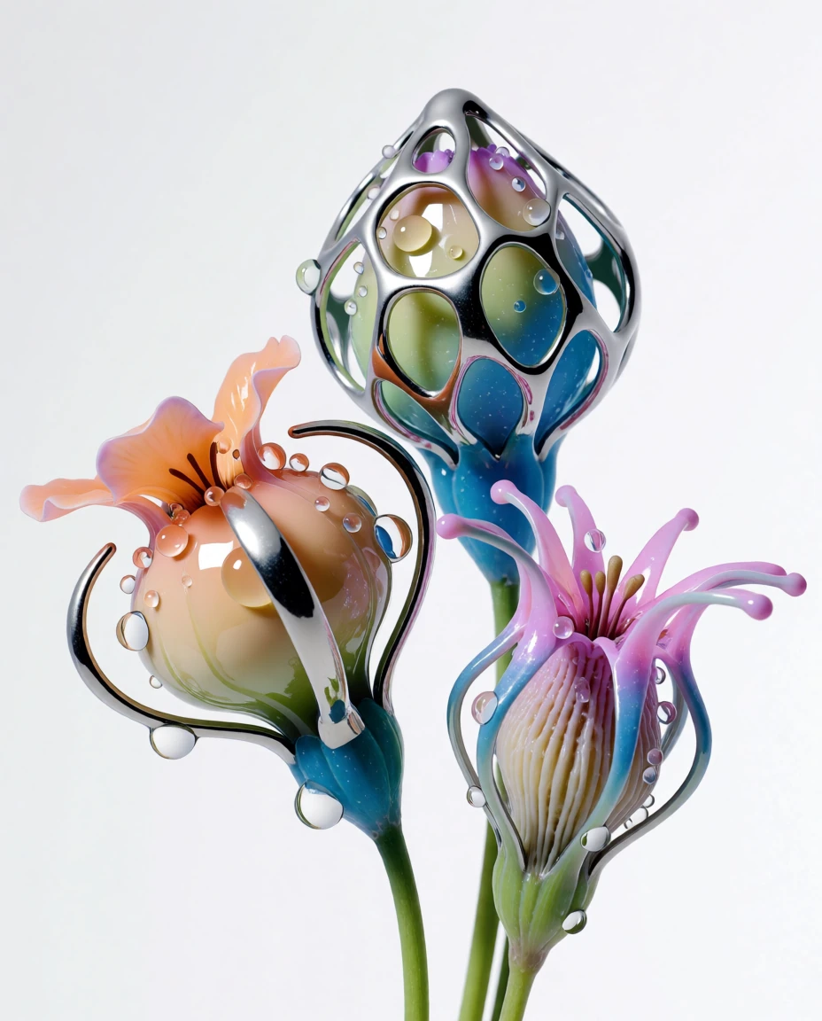 Surreal pastel flowers with chrome petals and water droplets