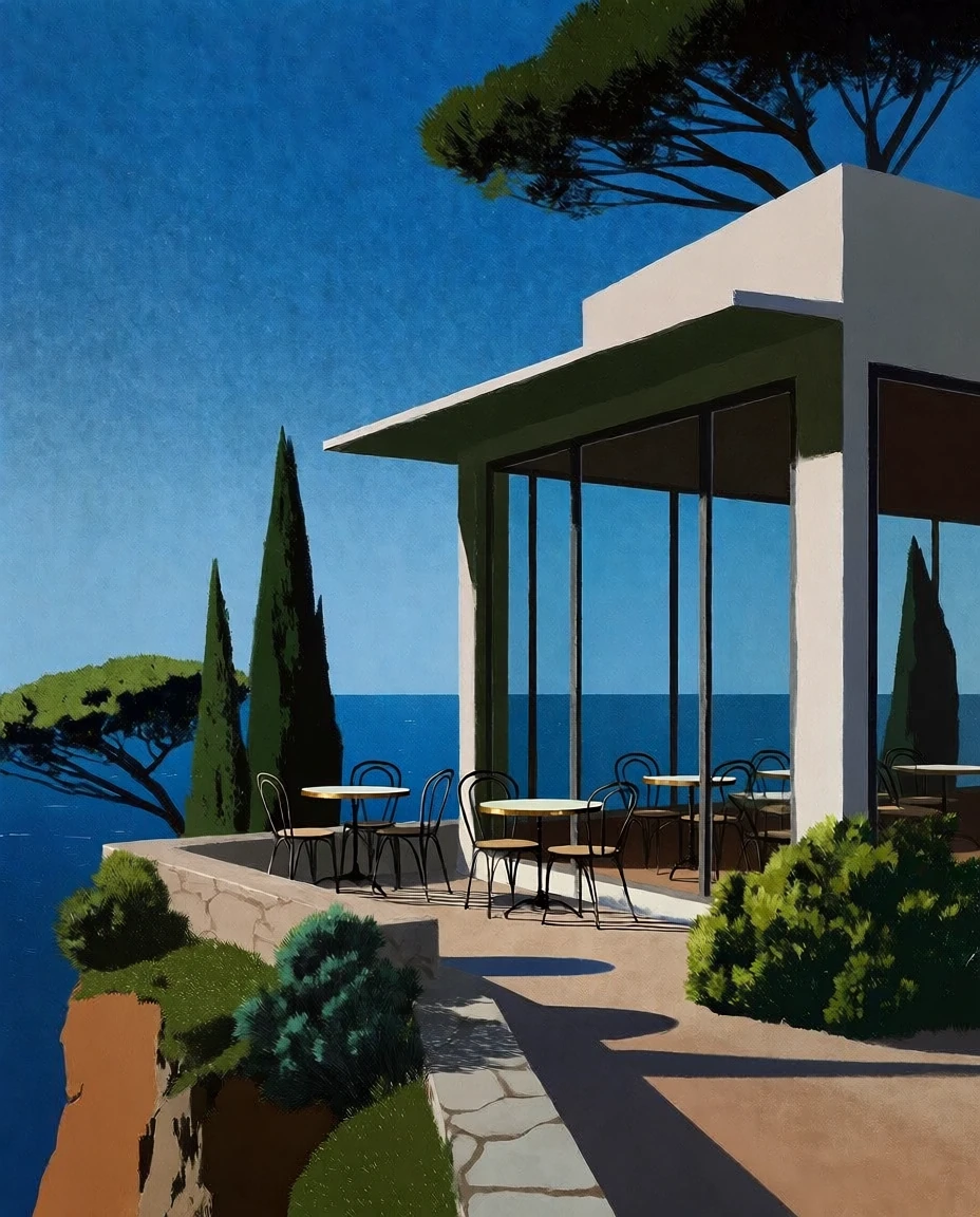 Painterly modern cafe on a sunlit Mediterranean cliff