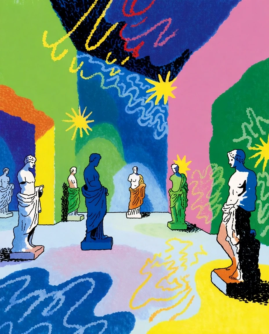 Illustrated classical sculpture gallery in vivid pink, blue, and green