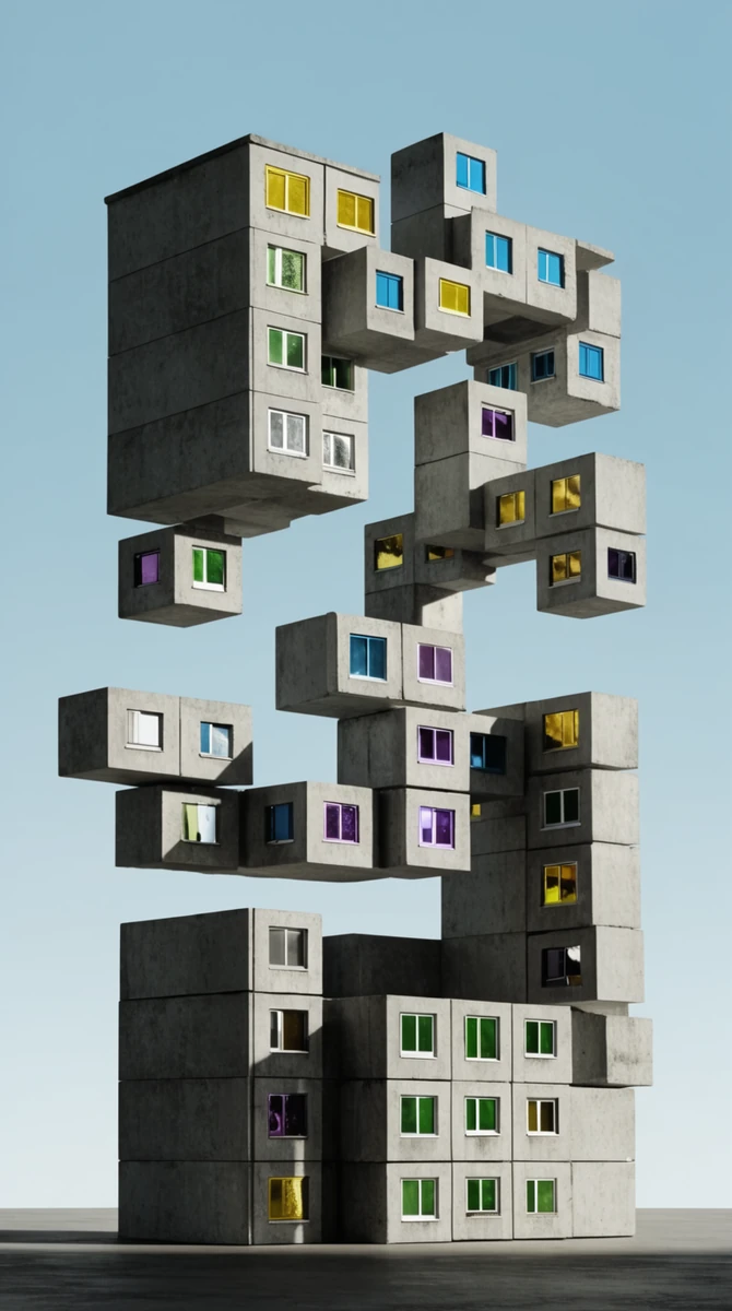 Floating concrete apartments with colorful windows
