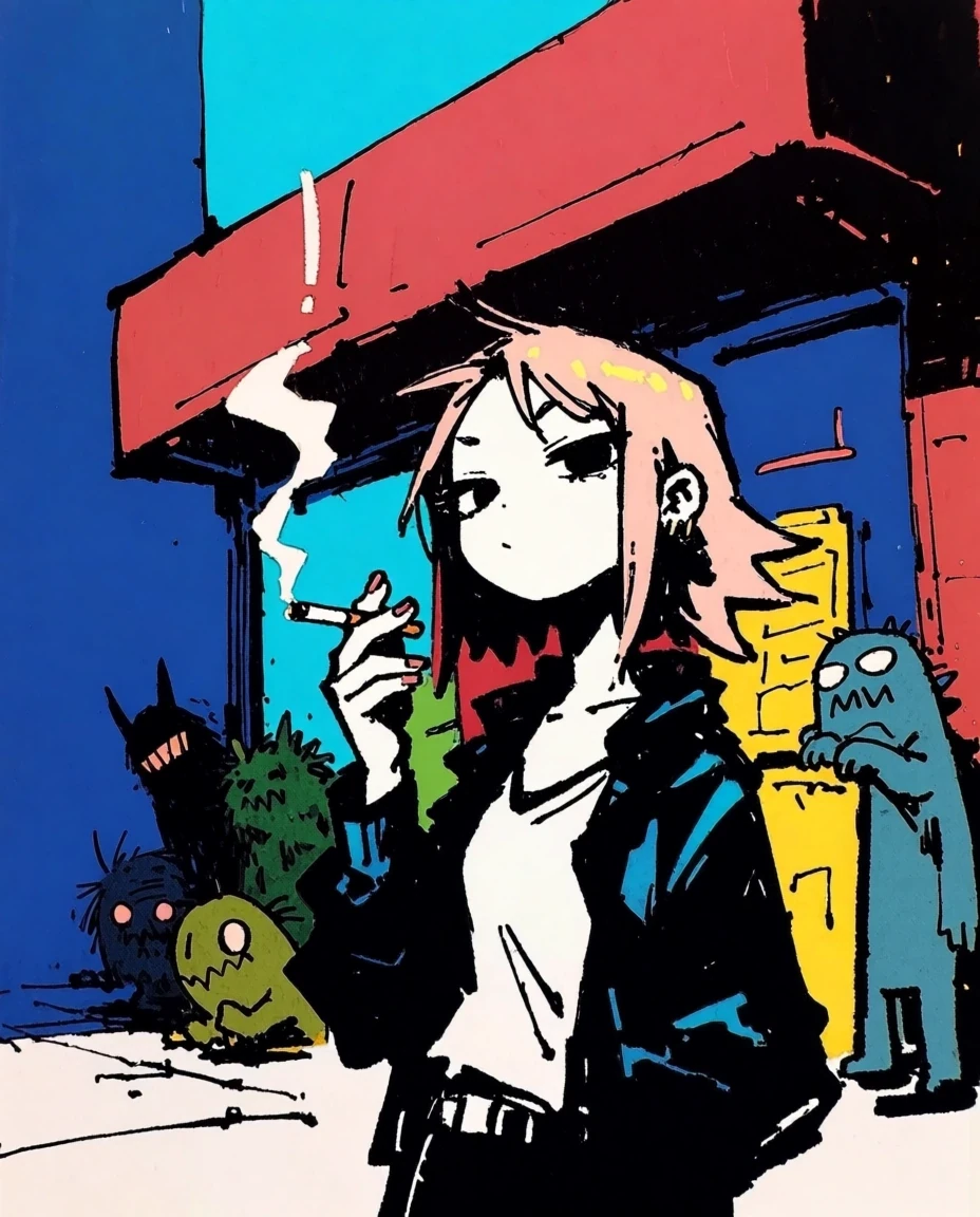 Graphic street illustration with a pink-haired character and small creatures