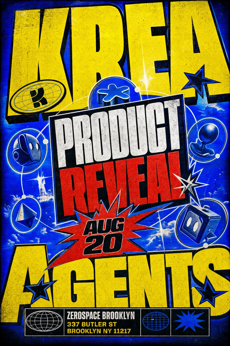 Textured blue, yellow, and red Krea Agents product reveal poster
