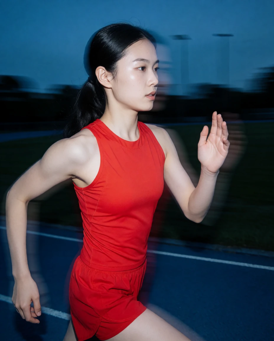 Runner in red on a blue track at night