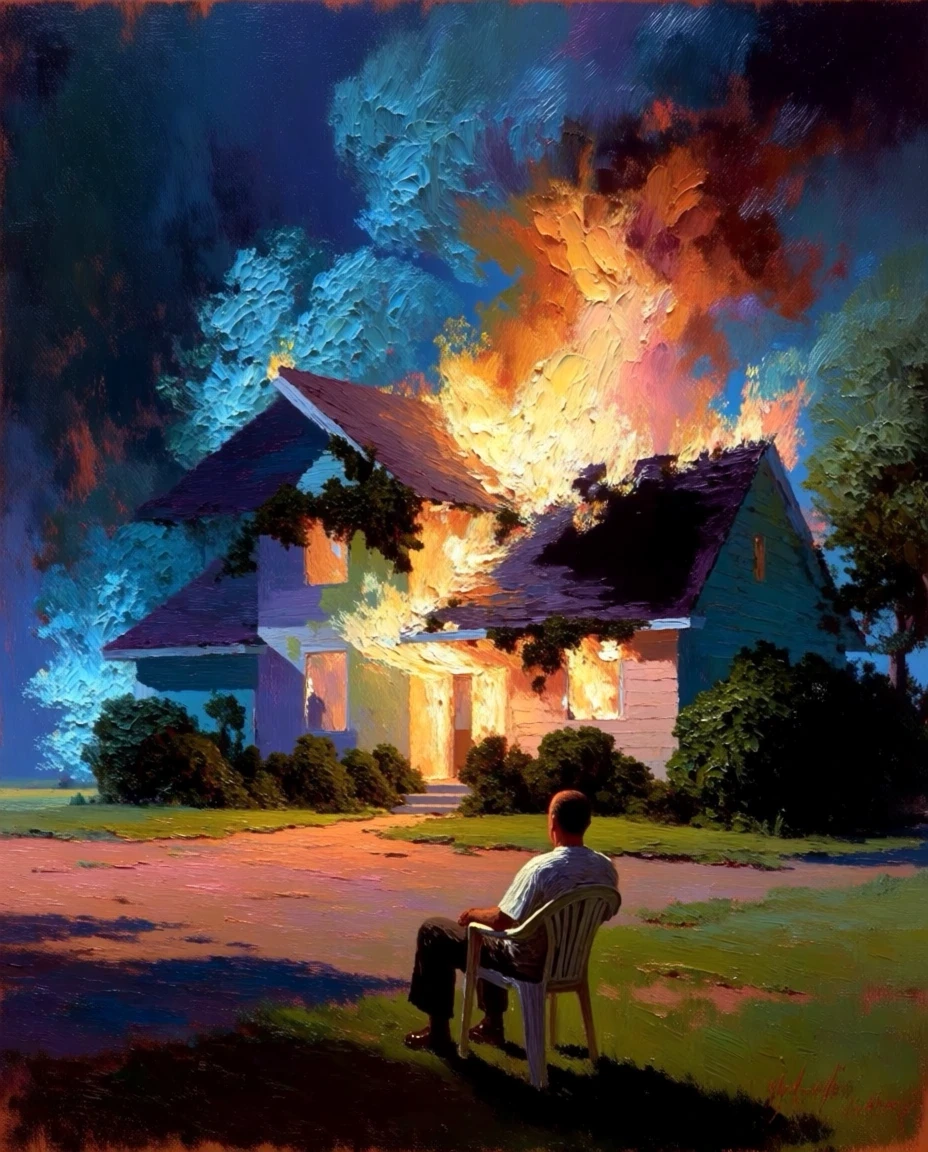 Expressive painting of a burning house beneath a blue night sky