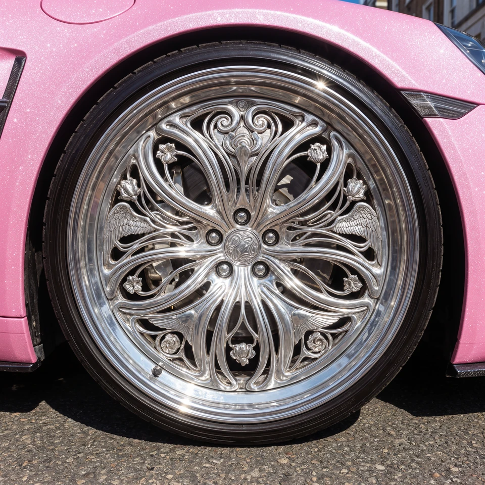 Ornate chrome wheel on a glittering pink car
