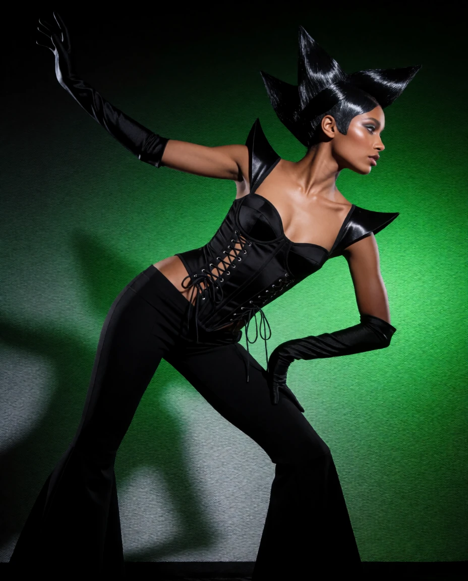 Fashion portrait with sculptural black hair and a green backdrop