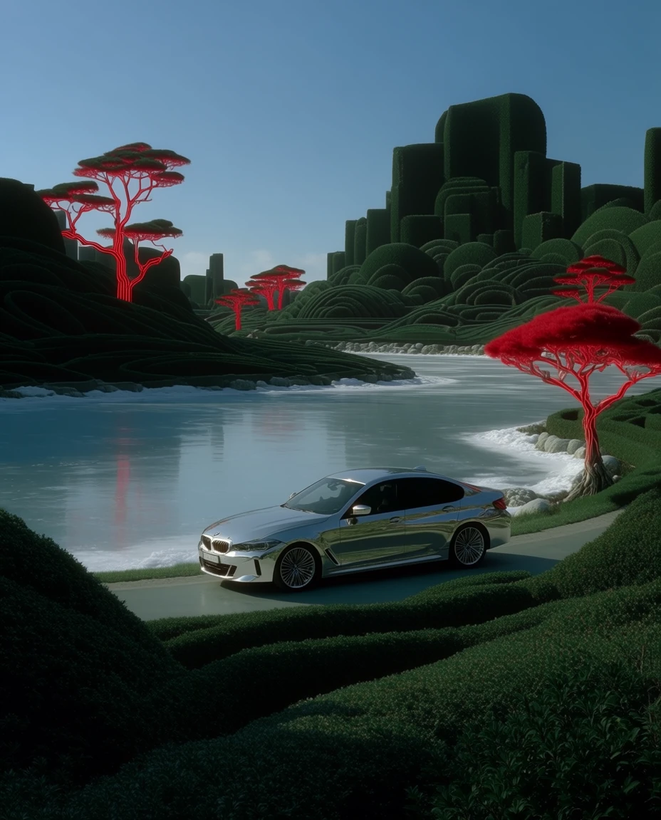 Chrome car beside a river in a sculpted landscape with red trees