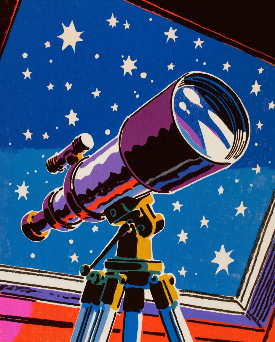 Colorful telescope illustration against a starry blue sky