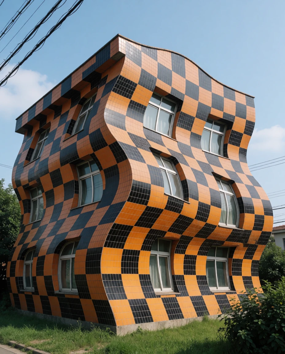 Surreal building with undulating orange and black checkered walls