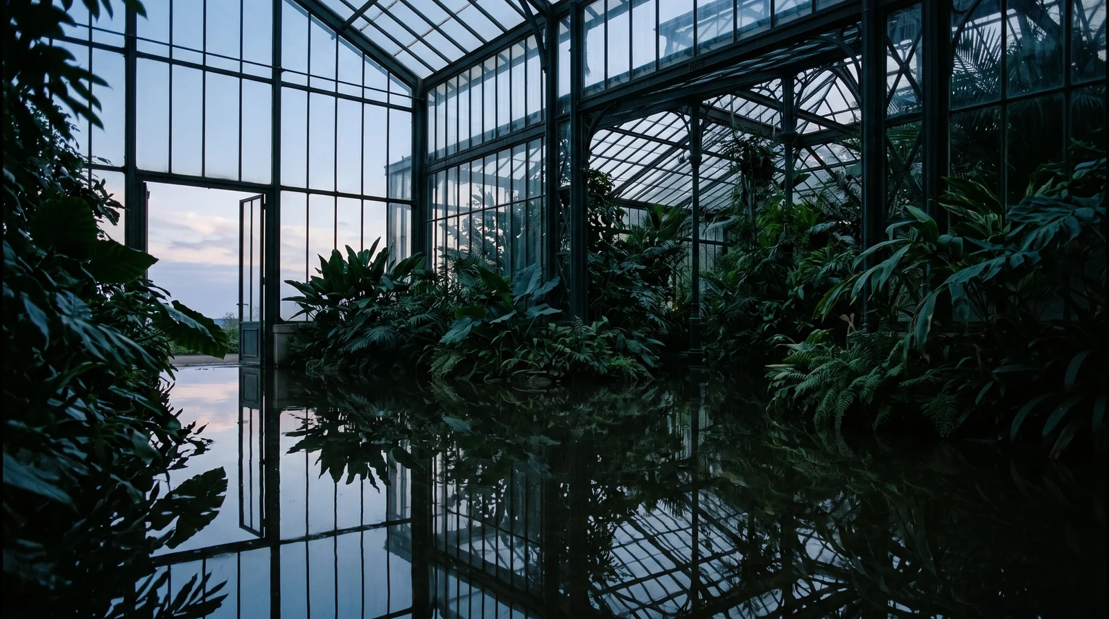 A cinematic greenhouse environment with water reflections and emerald foliage