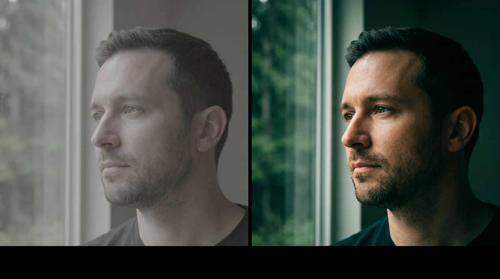 A portrait shown in a neutral treatment and a richer cinematic grade