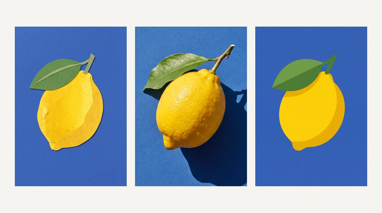 Three visual directions for a lemon: paper illustration, photography, and graphic artwork